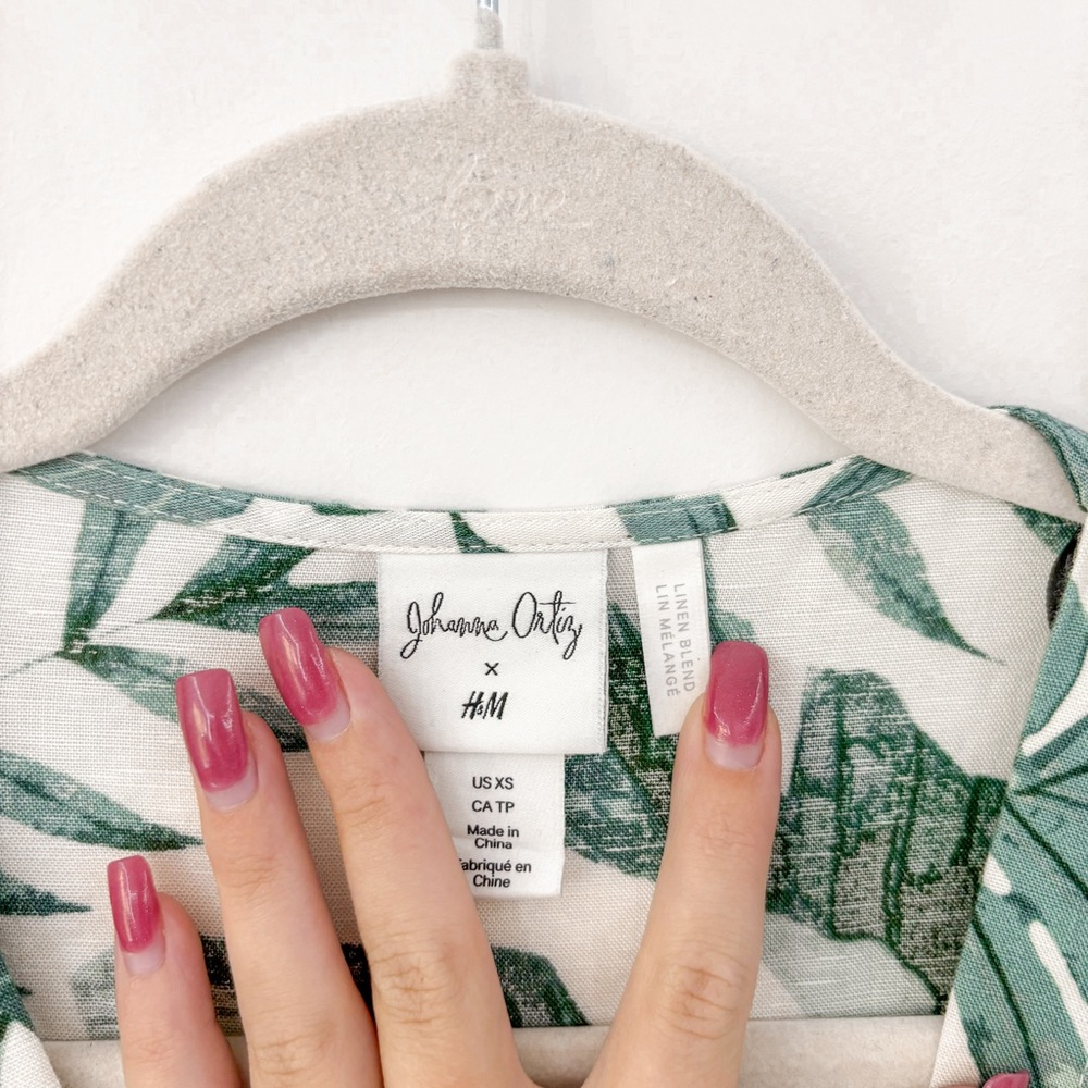 H&M x Johanna Ortiz Green White Linen Leaf Dress - Picture 7 of 9